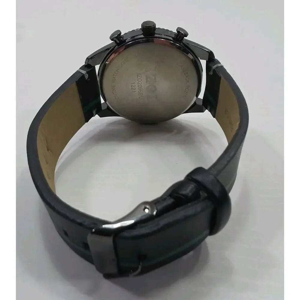 Mens Izod Watch Round Black Dial Black & Green Faux Leather Band New Battery 269